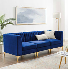 Load image into Gallery viewer, Triumph Channel Tufted Performance Velvet 3-Seater Sofa in Navy