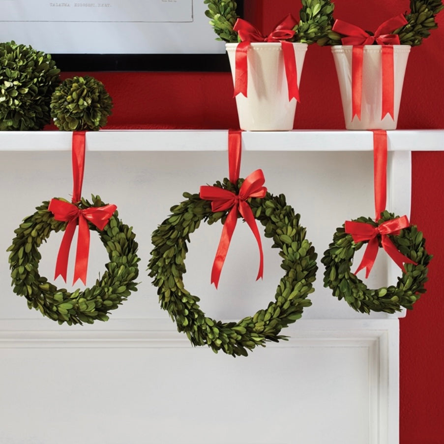 BOXWOOD WREATHS WITH RED RIBBONS, SET OF 3