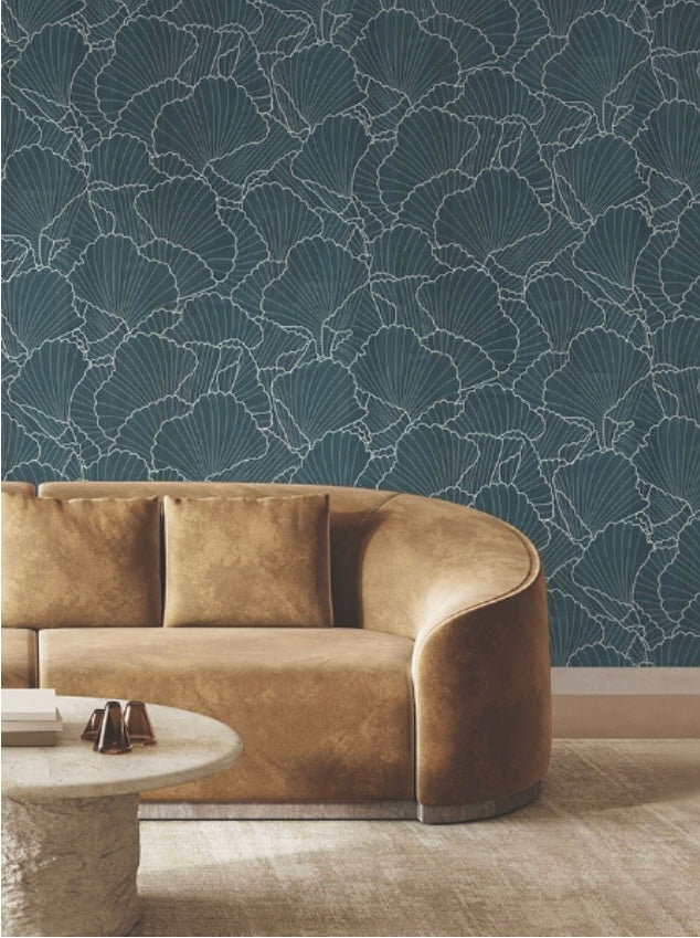 Shell Wood Veneer Navy Metallic Wallpaper
