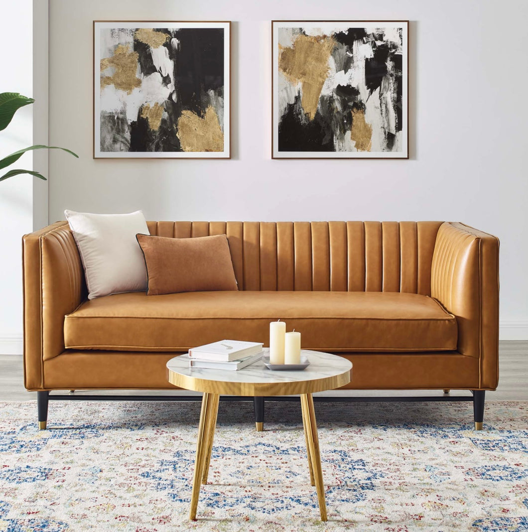 Devote Channel Tufted Vegan Leather Loveseat in Tan
