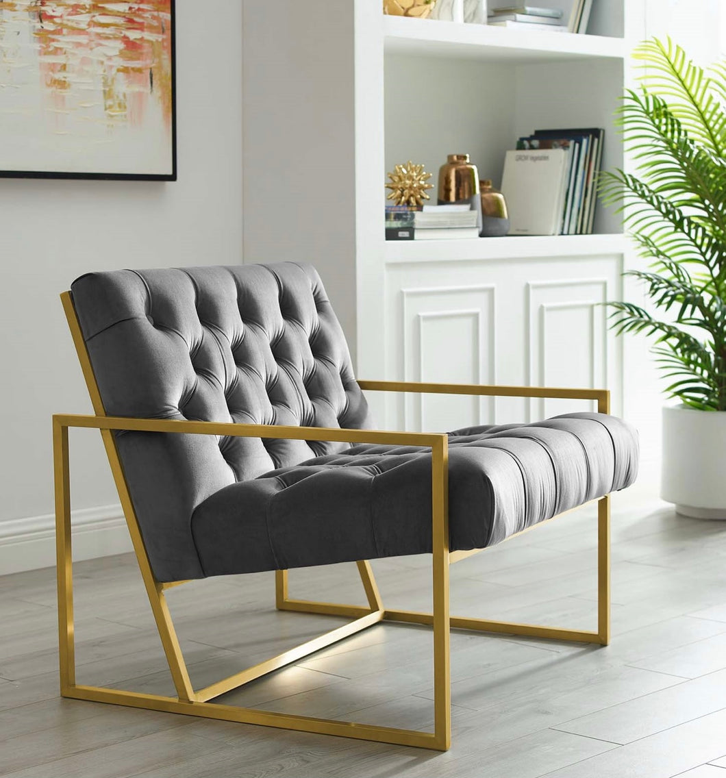 Bequest Gold Stainless Steel Performance Velvet Accent Chair in Gray
